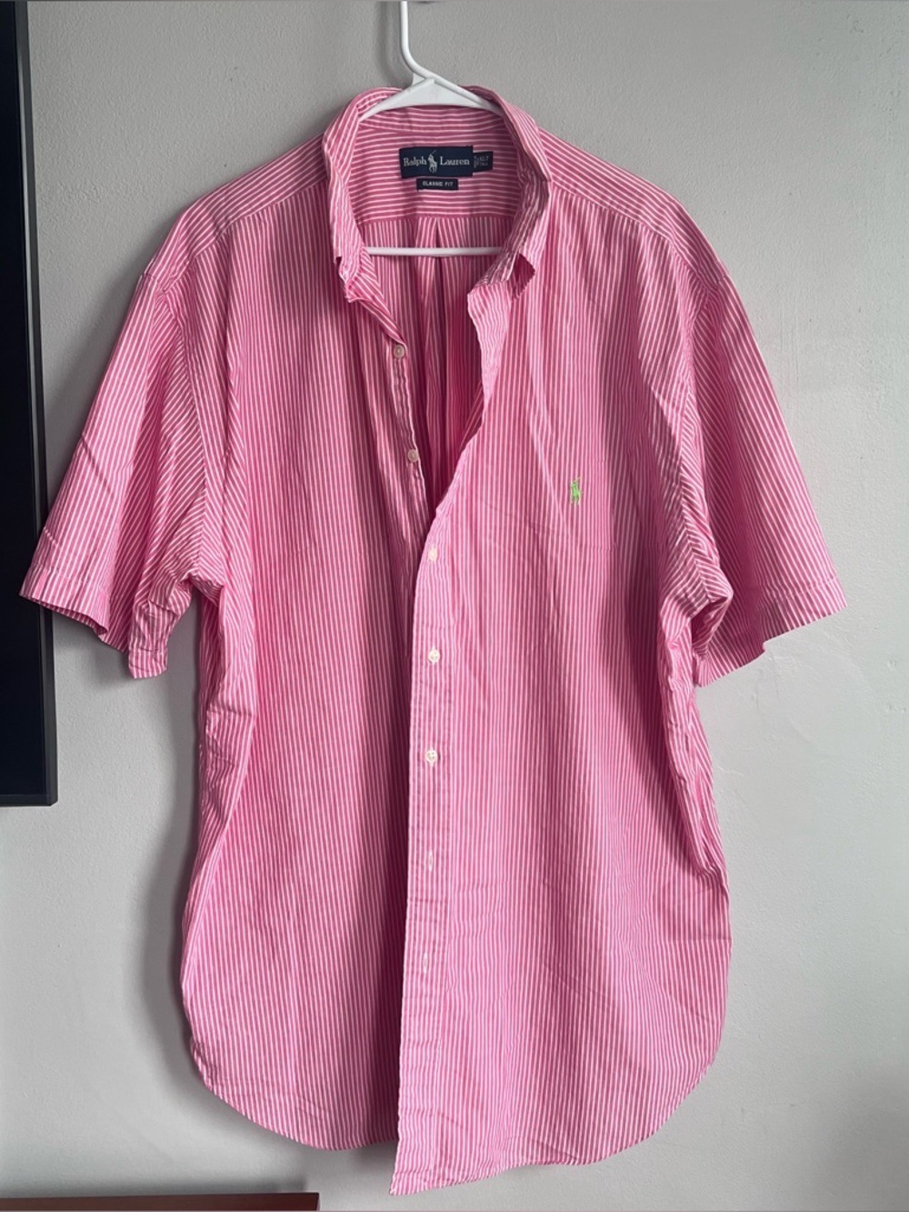 Vintage Ralph Lauren Short Sleeve Button Down Shirt Pink White Striped XL Tall‎